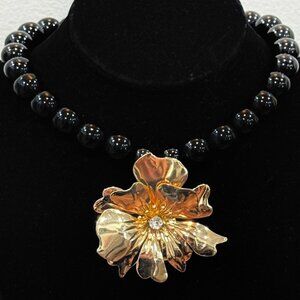 Black Glas pearls  Necklace With Gold plated Flower Pendant, Handmade in the usa